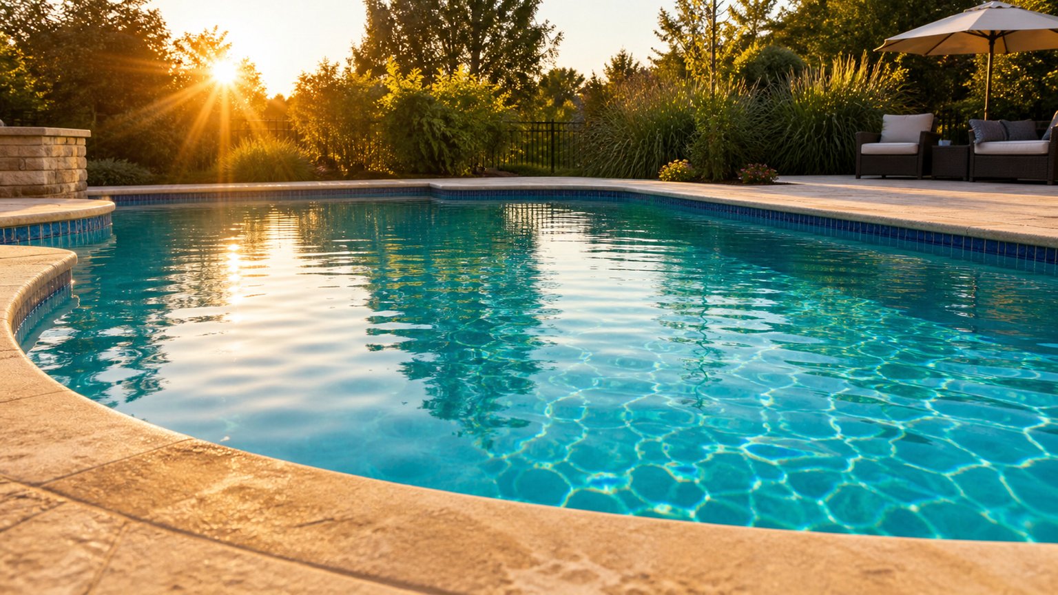 Piscina recién trabajada, brillando bajo la luz dorada del amanecer