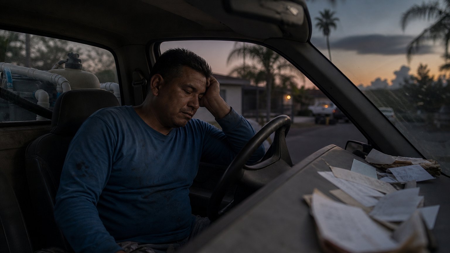 Piscinero al final del día en su camioneta, con la cabeza en la mano, entre papelitos de cotizaciones