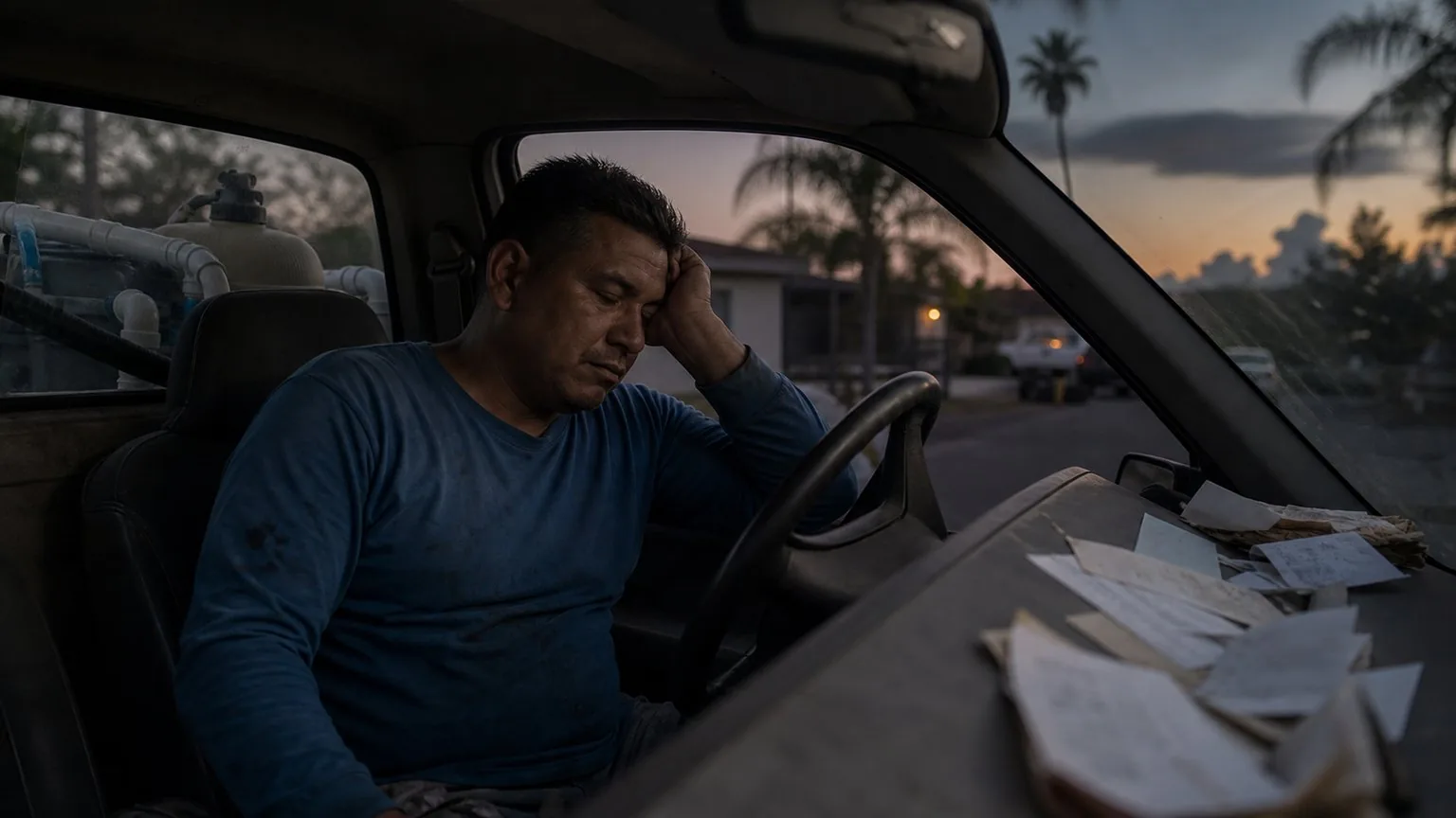 Piscinero al final del día en su camioneta, con la cabeza en la mano, entre papelitos de cotizaciones