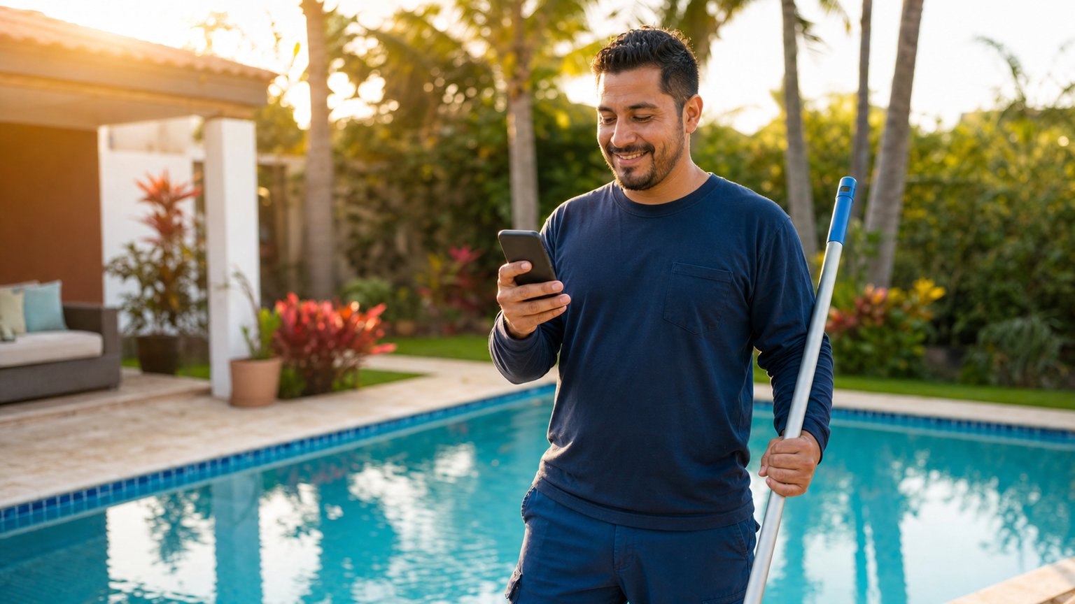 Piscinero con su negocio en orden, revisando su portal en el teléfono bajo la luz de la mañana