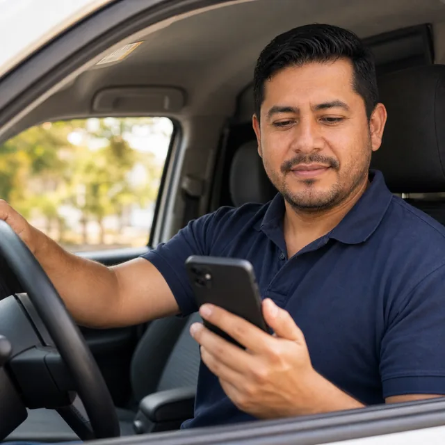 El piscinero al volante revisa la ruta del día en su teléfono antes de arrancar
