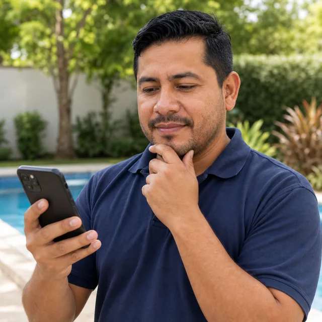 El piscinero mira en su teléfono las fotos de una piscina verde que le mandó un cliente