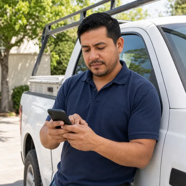 El piscinero apoyado en su camioneta prepara una cotización en el teléfono