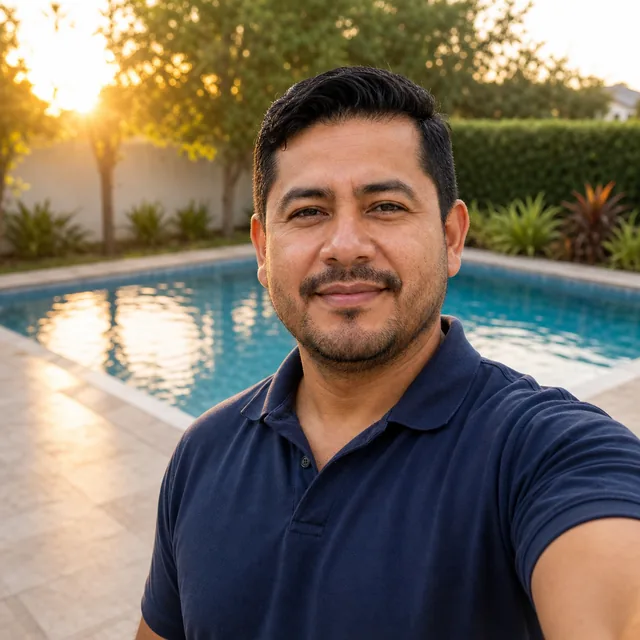 El piscinero graba un reel de una piscina recién dejada como espejo, al atardecer